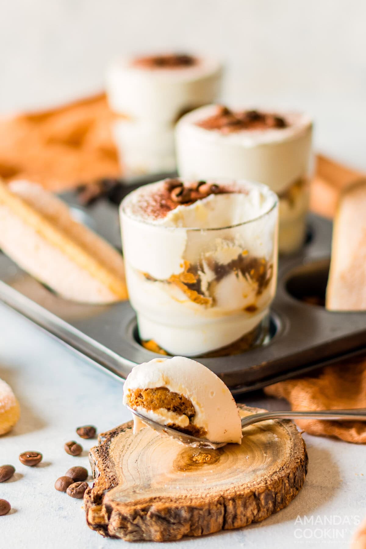 Individual Tiramisu with a spoon removed