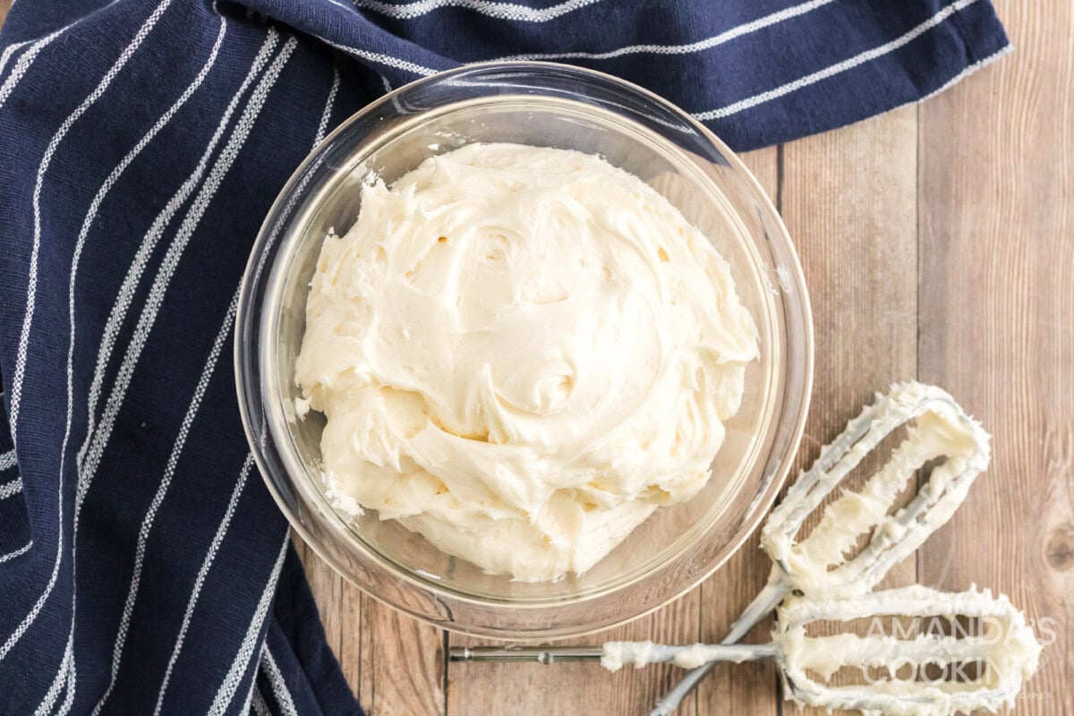 cream cheese frosting in a mixing bowl