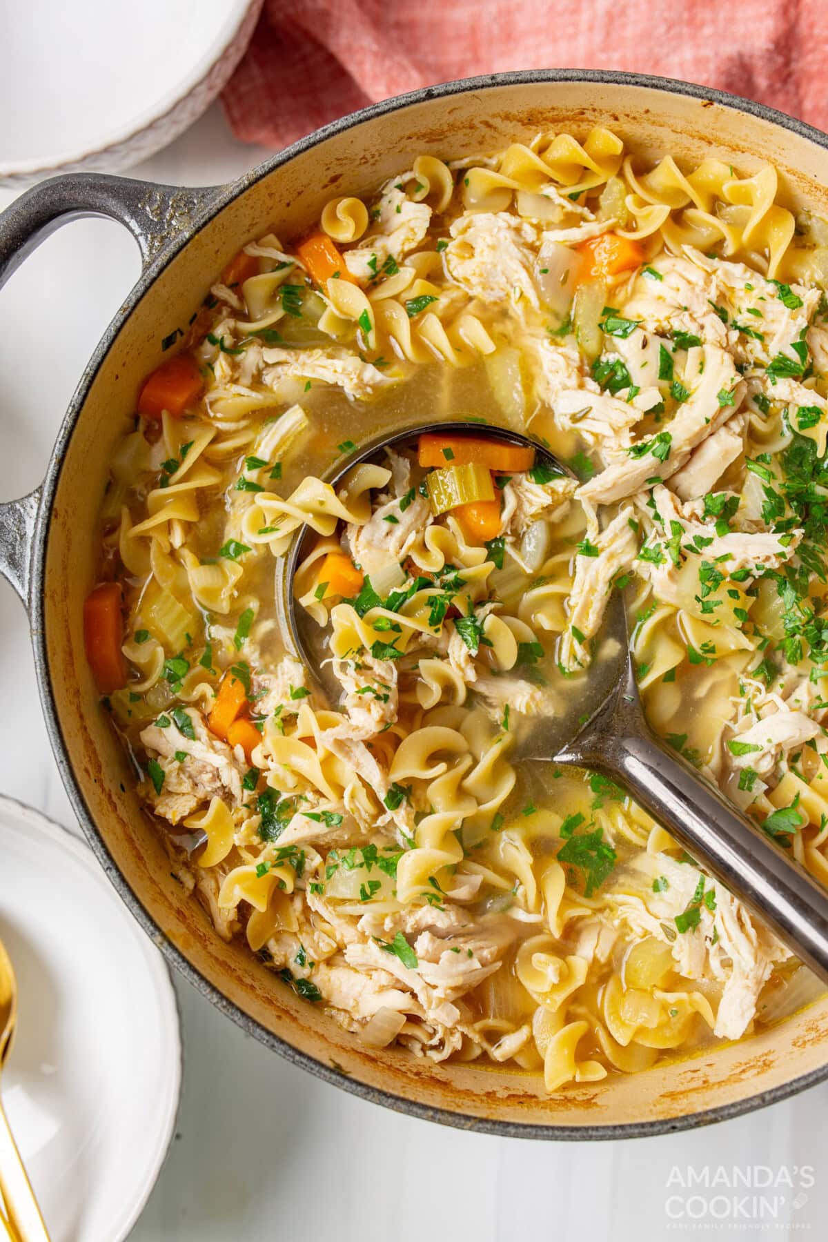 pot of traditional homemade Chicken Noodle Soup from scratch