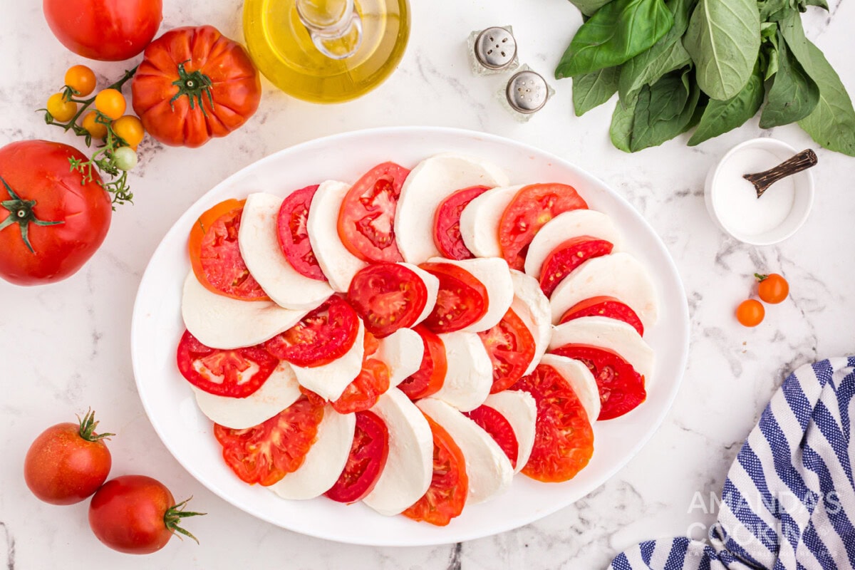 sliced tomatoes and mozzarella arranged on a plate