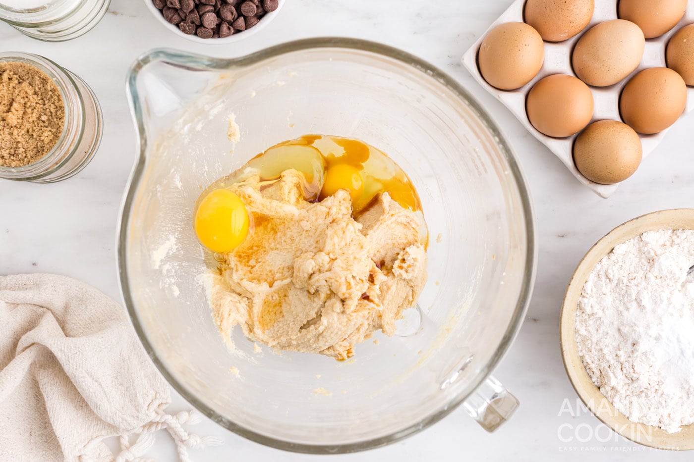 eggs in a bowl with cookie dough