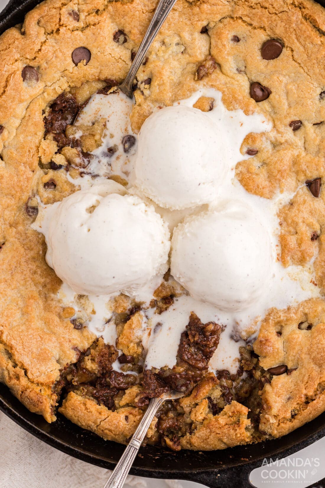chocolate chip cookie skillet with ice cream on top