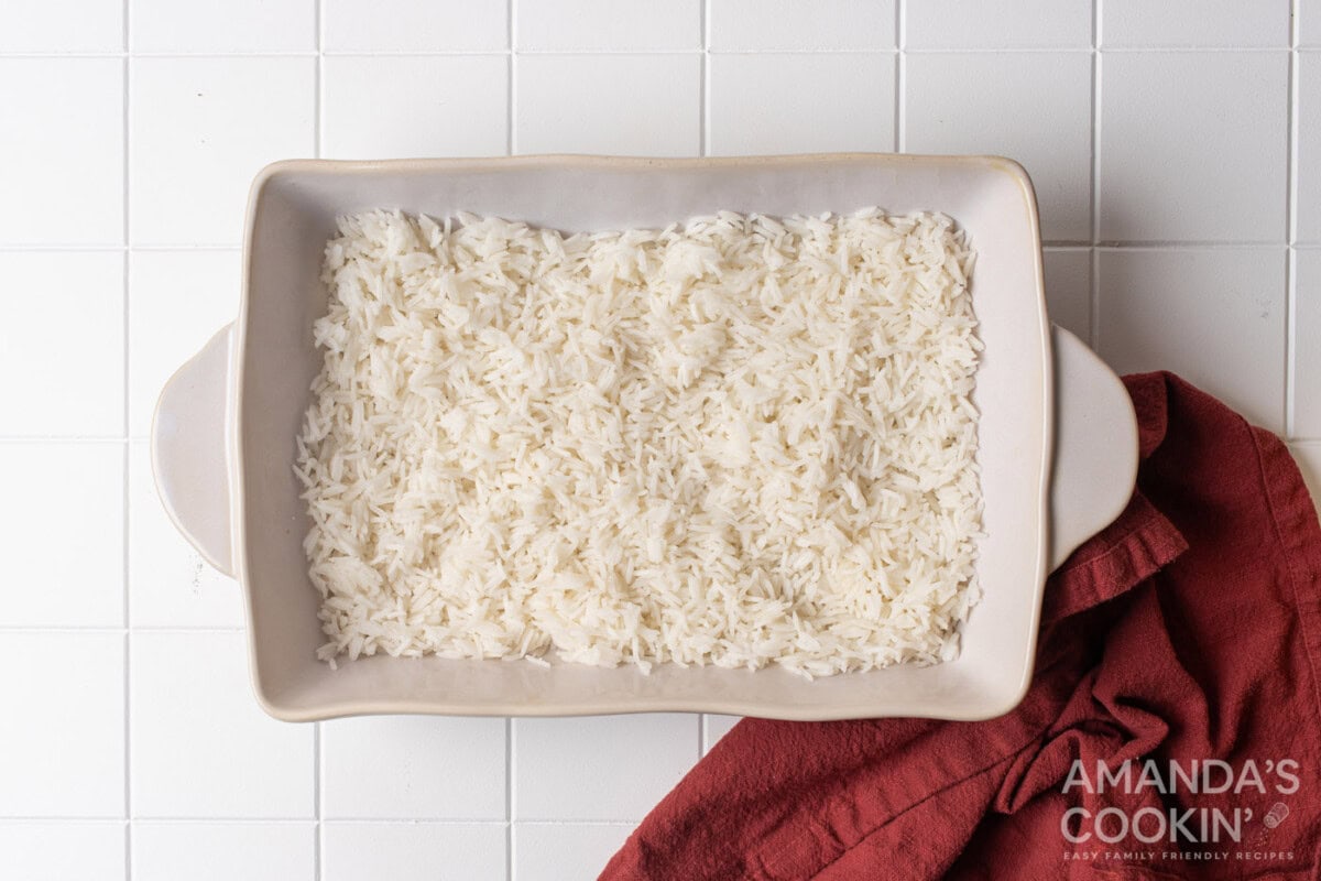 cooked white rice in casserole dish