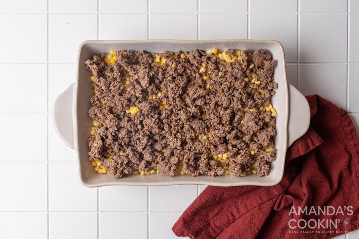 ground beef, corn, and rice in a dish