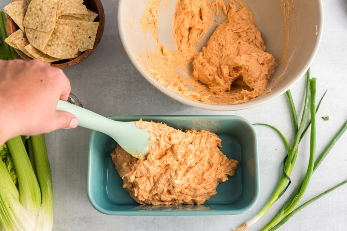 buffalo chicken dip in a casserole dish