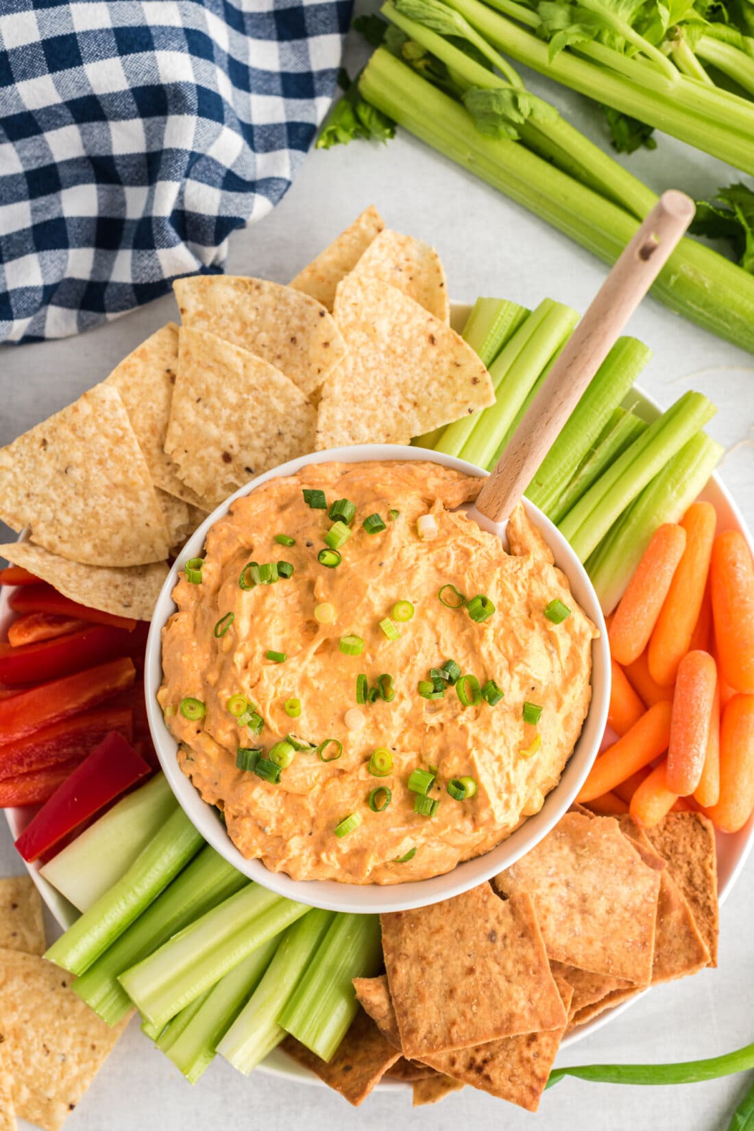 Buffalo Chicken Dip in a bowl with chips