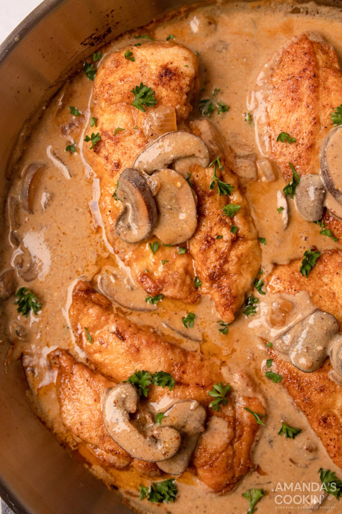 chicken in a skillet with mushrooms