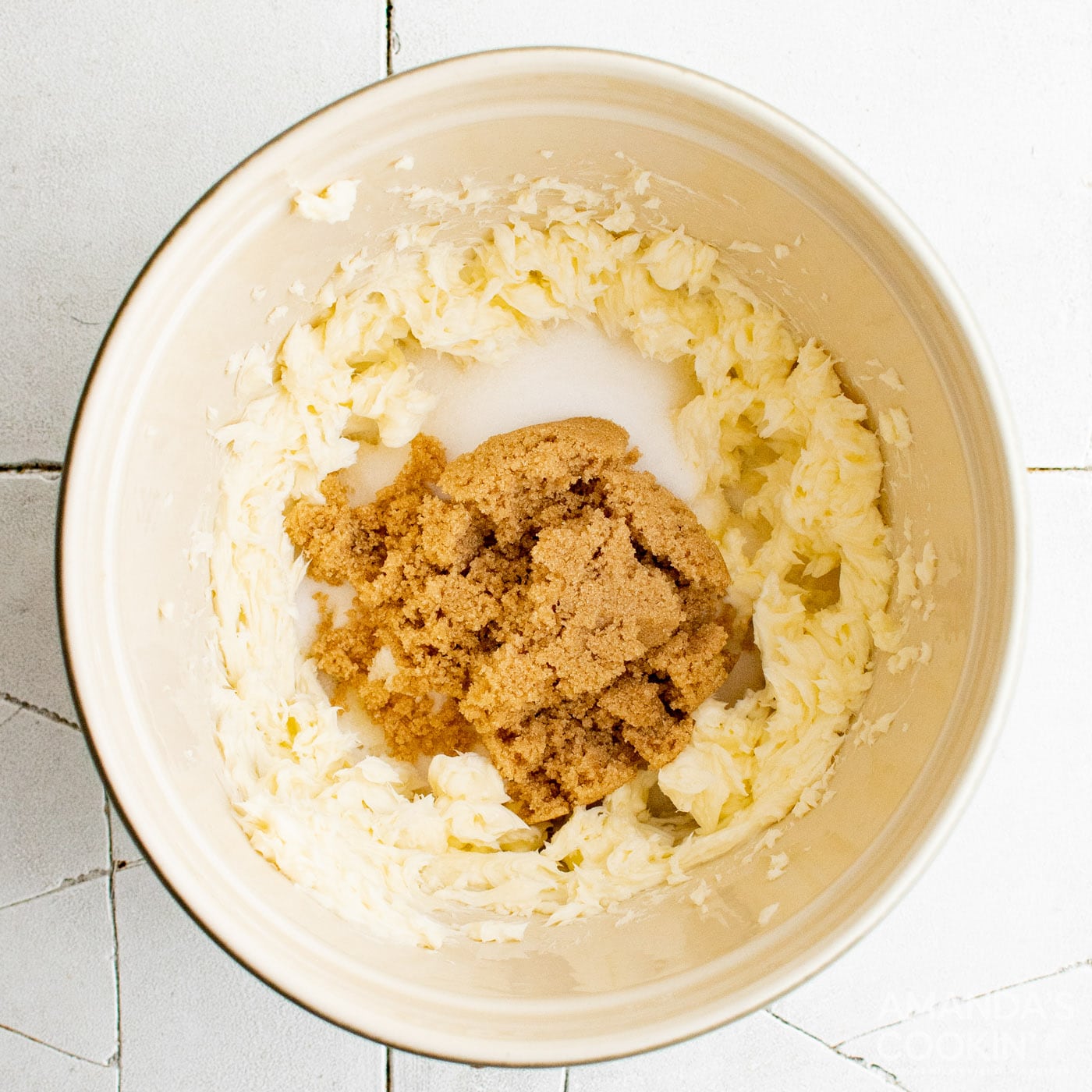 brown sugar, butter, and granulated sugar in mixing bowl