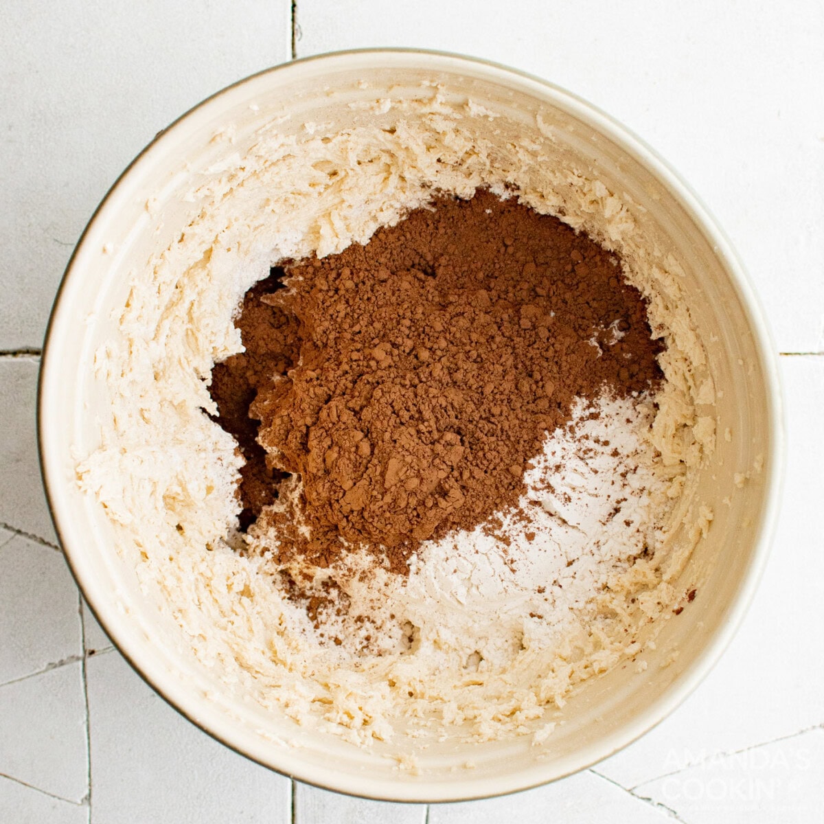 cocoa powder in a bowl of cookie dough