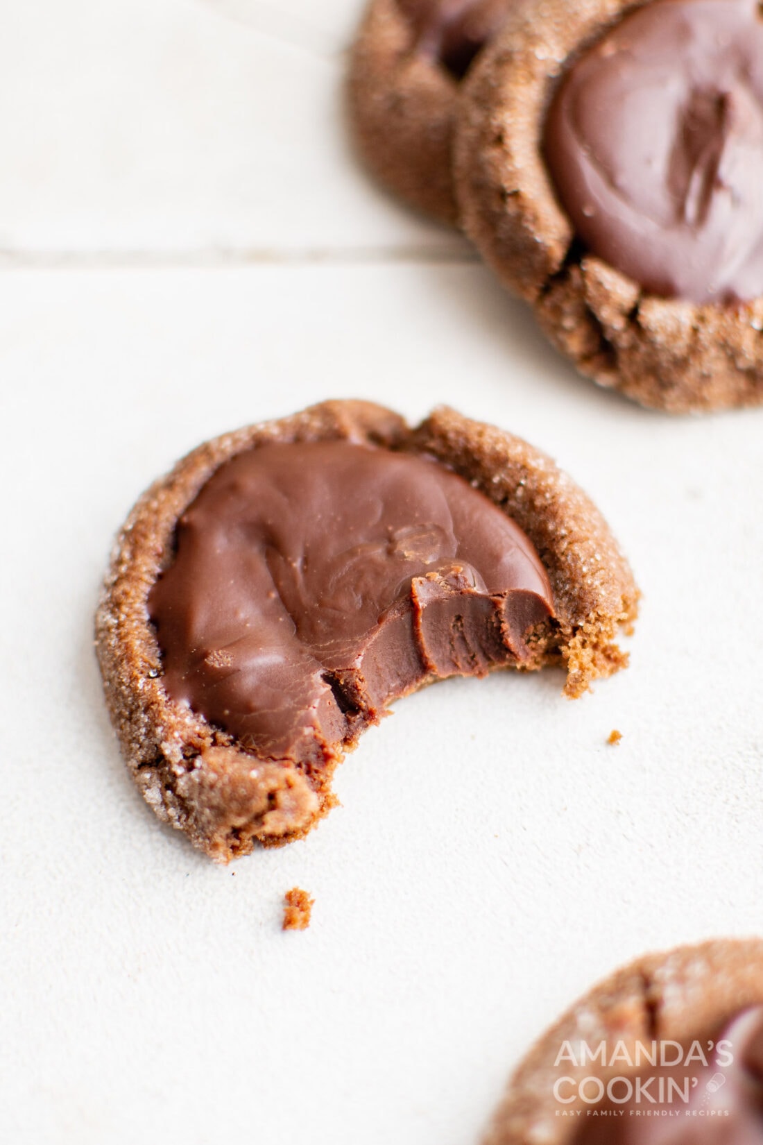 Chocolate Thumbprint Cookie with a bite out of it