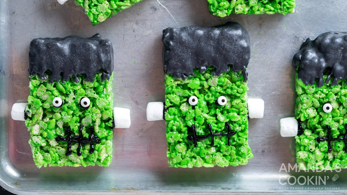 Made like a traditional rice krispie treat, these vibrant green monsters have a little spooky flair 