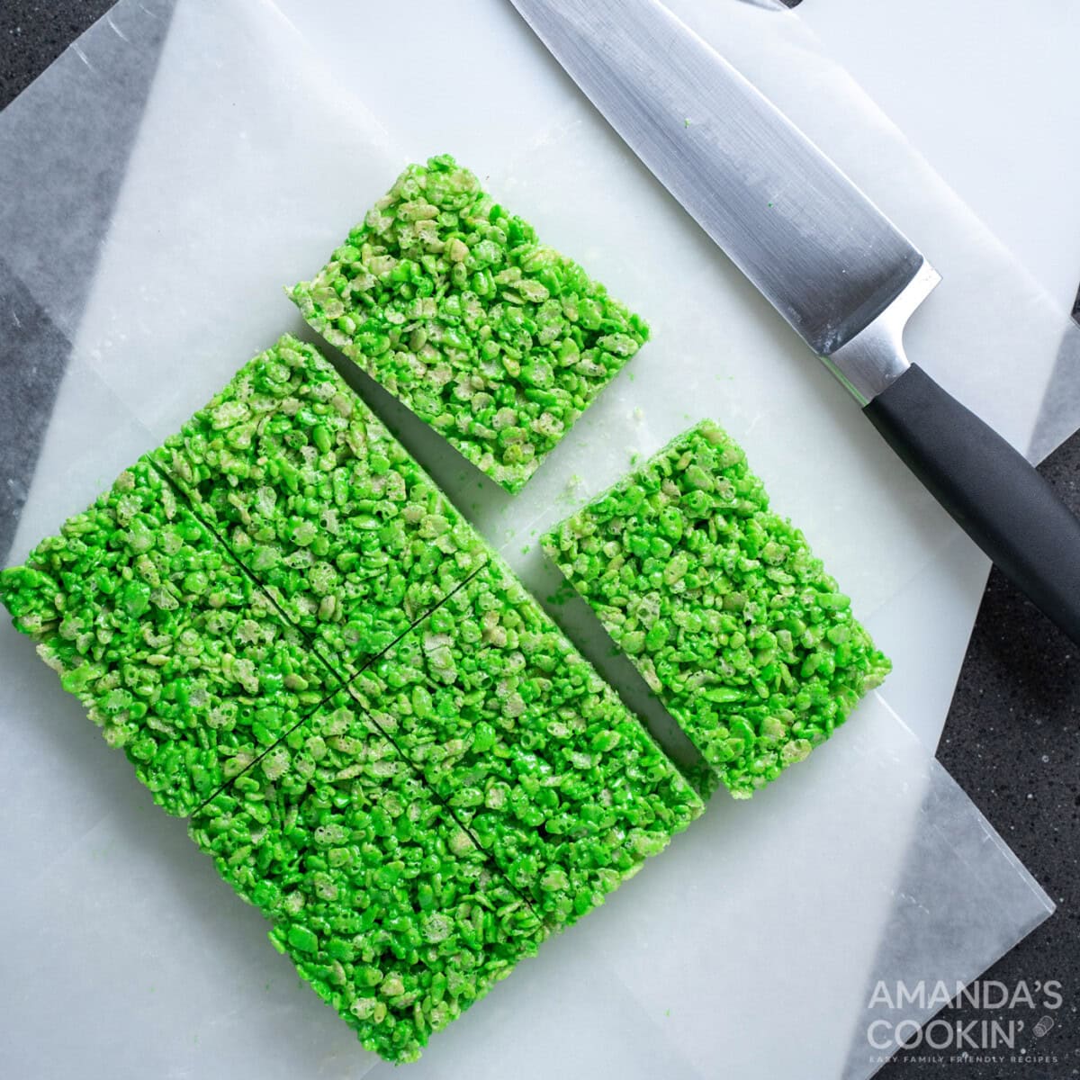 sliced green rice krispie treats