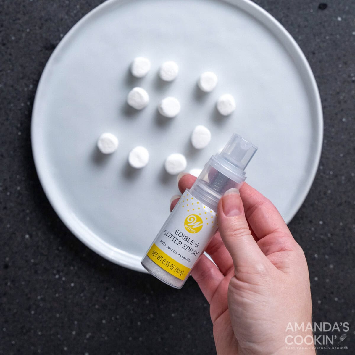 glitter spray over mini marshmallows
