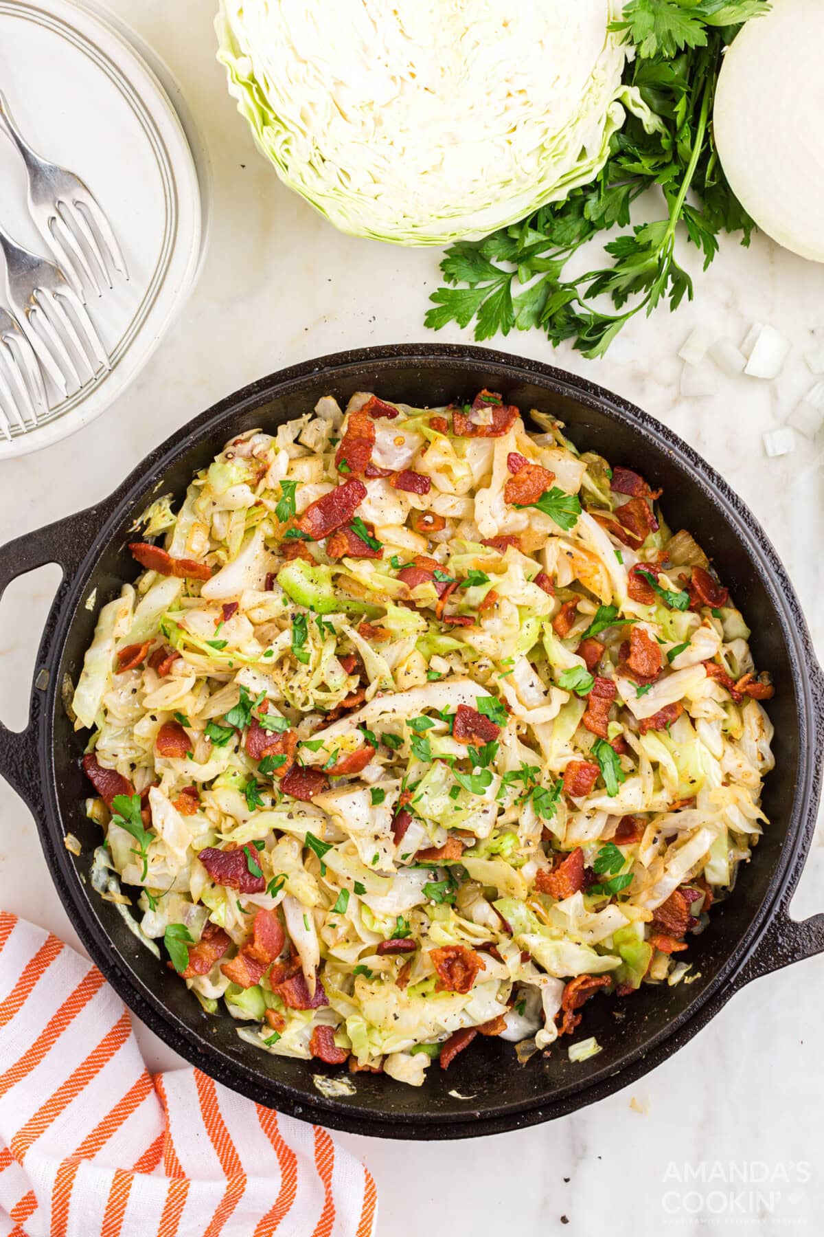 overhead view of Fried Cabbage in pan