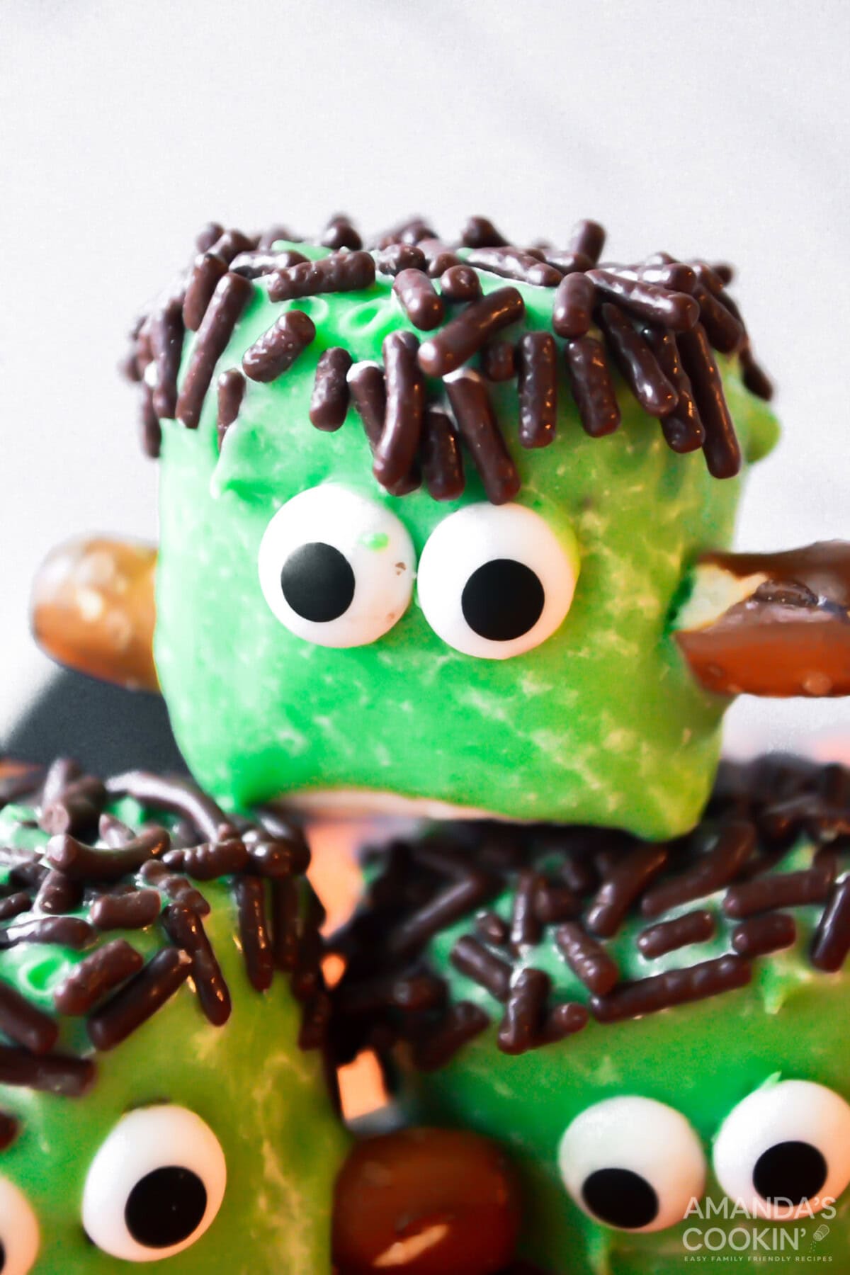 Close up photo of stacked Marshmallow Frankensteins