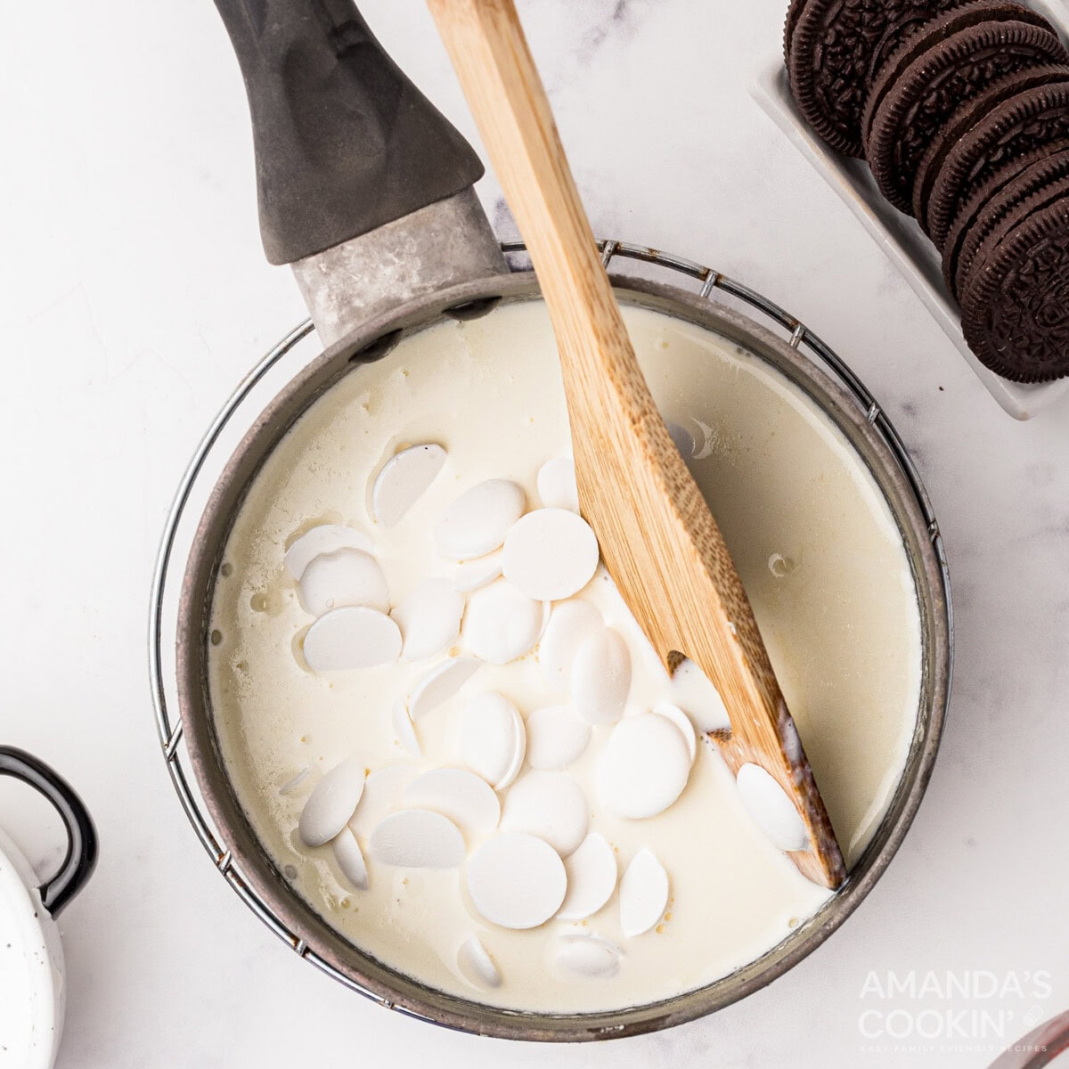 melted chocolate wafers in a saucepan