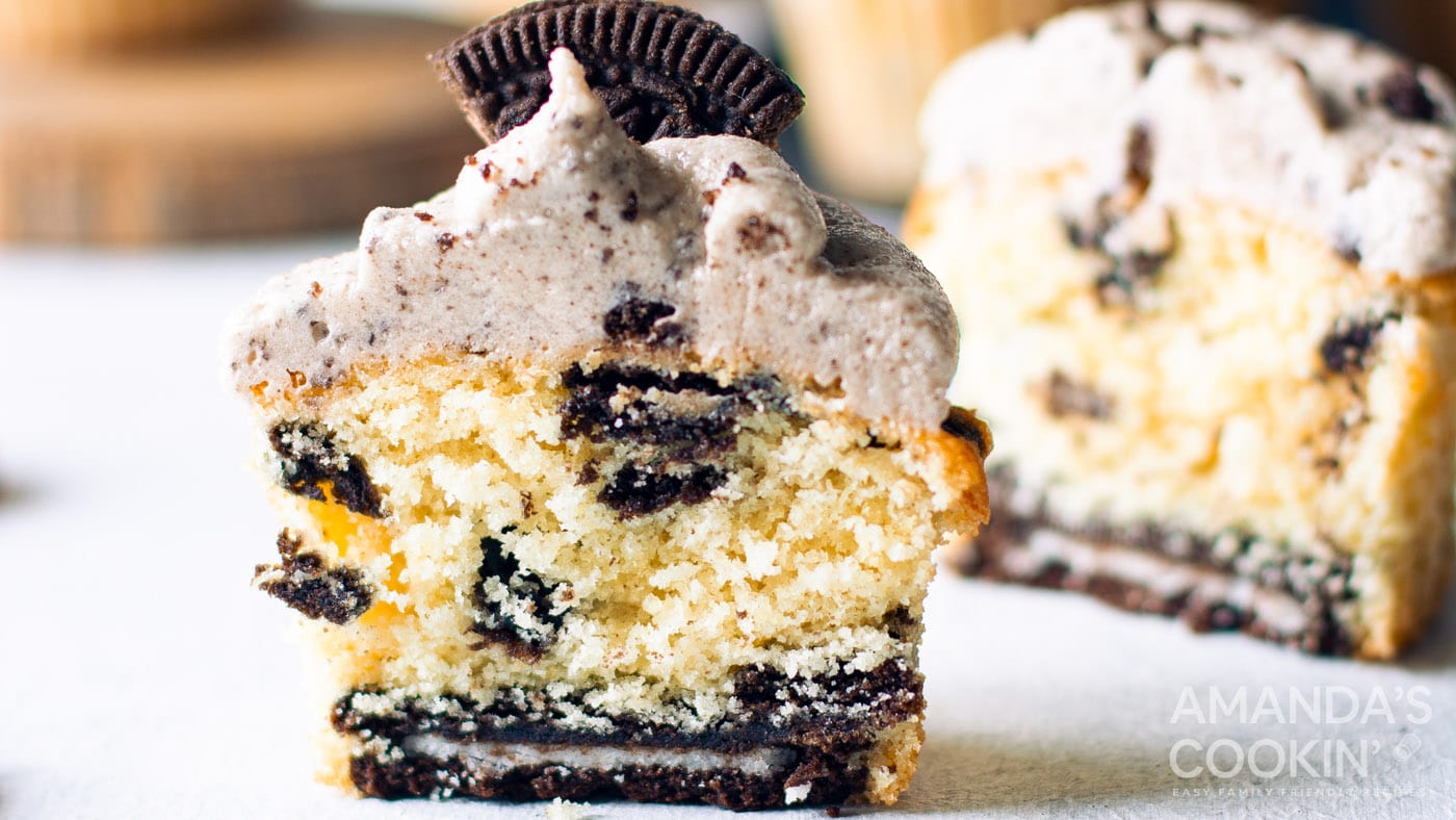 We'll start with a homemade vanilla cupcake batter that's mixed with crushed Oreos featuring an Oreo