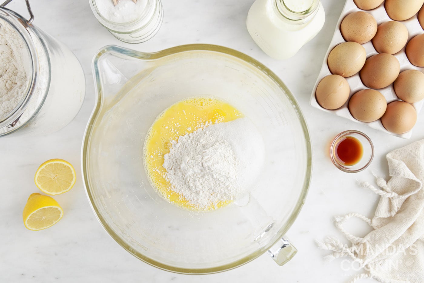 sugar, flour, and egg in a mixing bowl