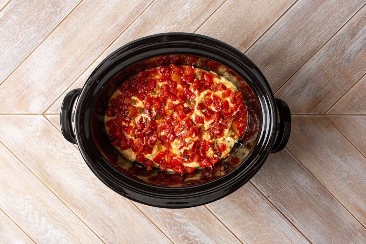 rotel tomatoes on top of cream of chicken and black beans