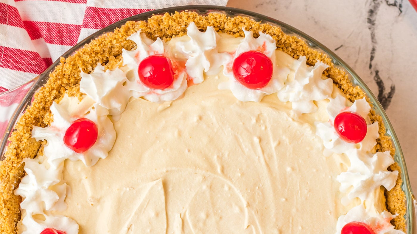 Enjoy this pie frozen or chilled, topped with maraschino cherries, chopped nuts, whipped cream, or a