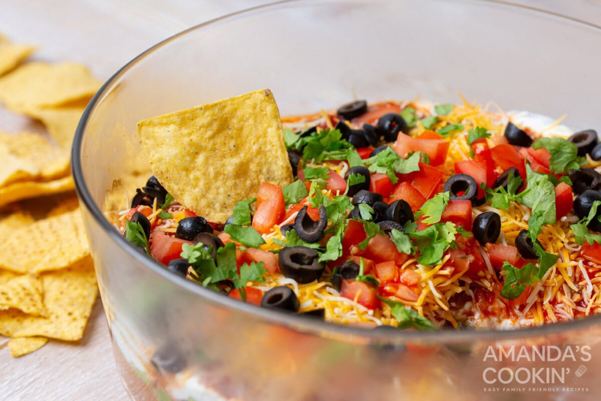 7 Layer Taco Dip in a dish