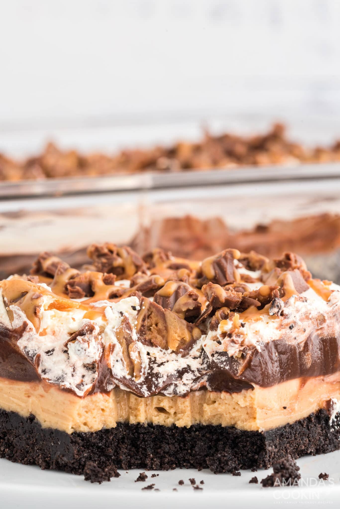 Chocolate Peanut Butter Lasagna - Amanda's Cookin' - One Pan Desserts