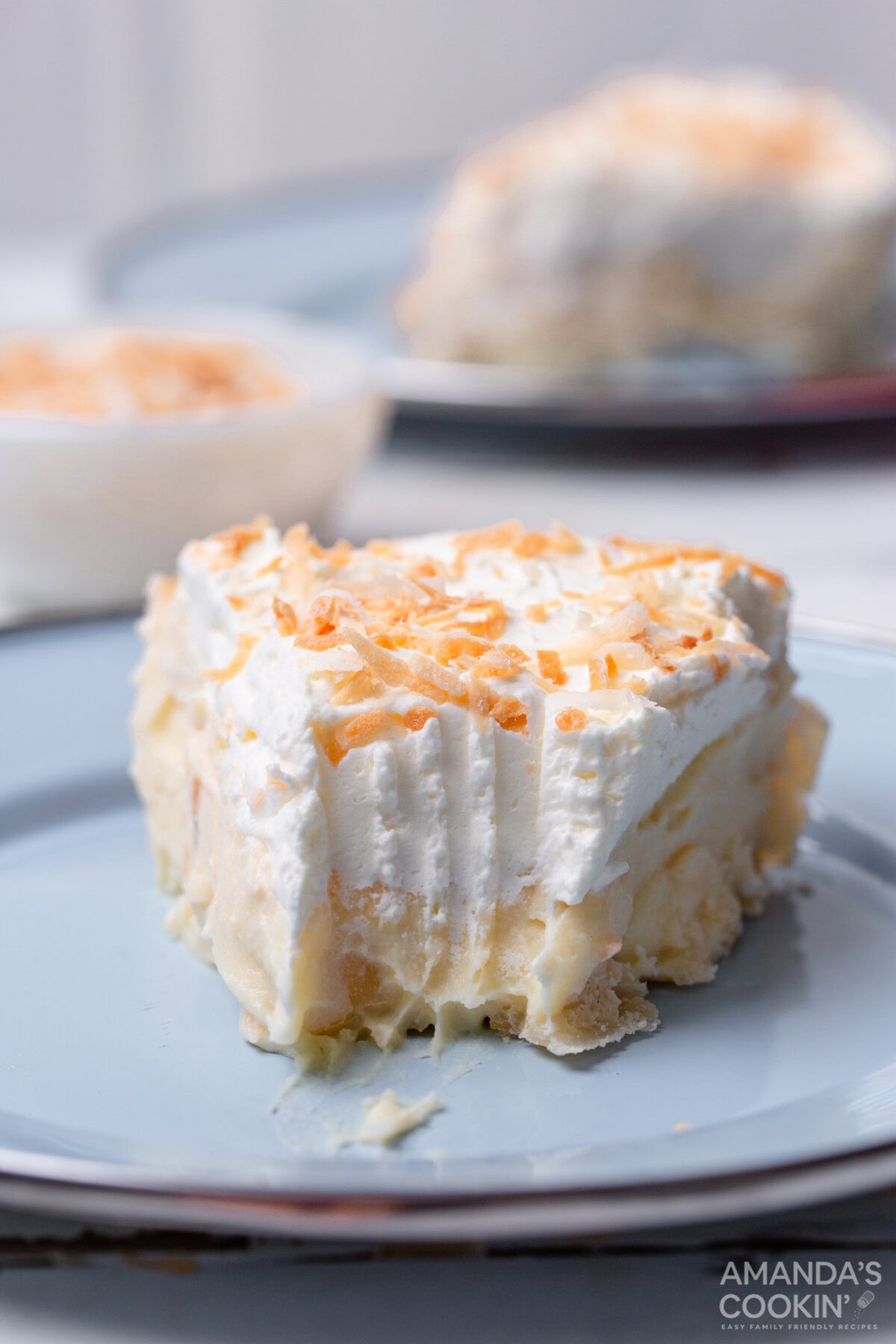 Coconut Cream Pie with a bite out of it