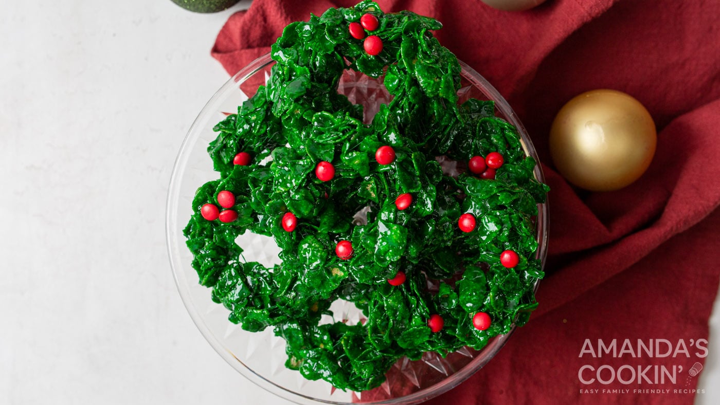 Cornflake Christmas wreaths are made with marshmallows, cornflake cereal, butter, vanilla extract, r