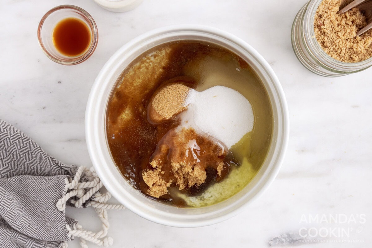 corn syrup, brown sugar, and granulated sugar in butter