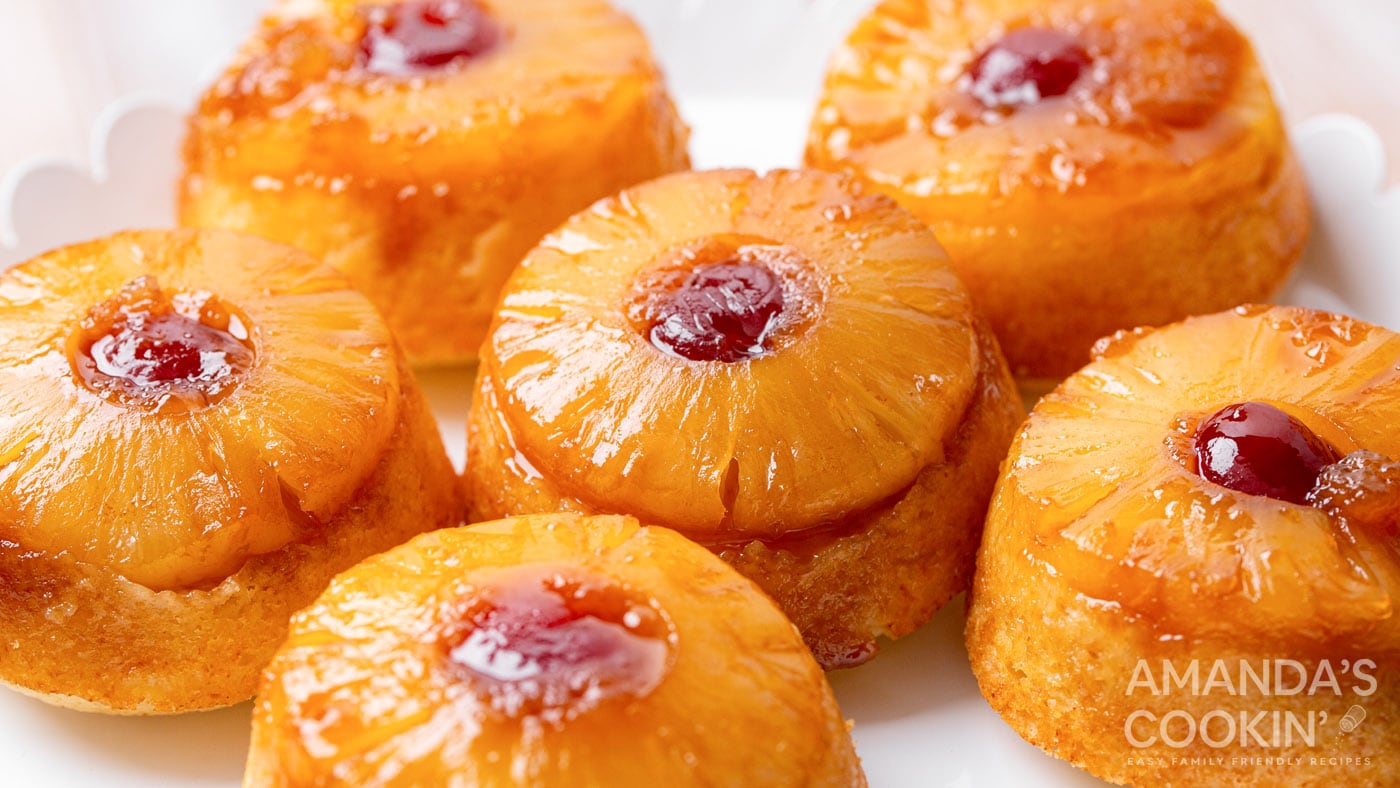 These mini pineapple upside down cakes are super easy to make using a boxed cake mix, canned pineapp