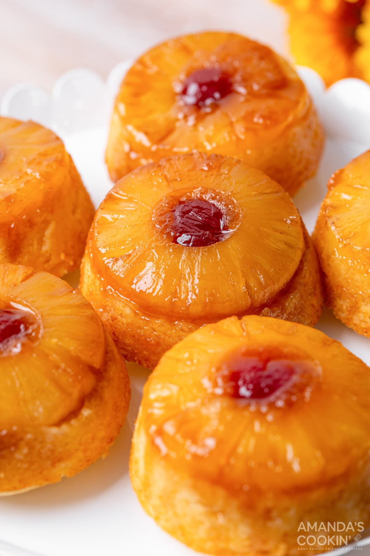 Mini Pineapple Upside Down Cakes on a plate