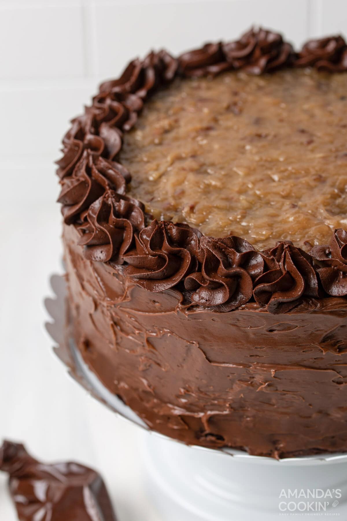 German Chocolate Cake on a cake stand
