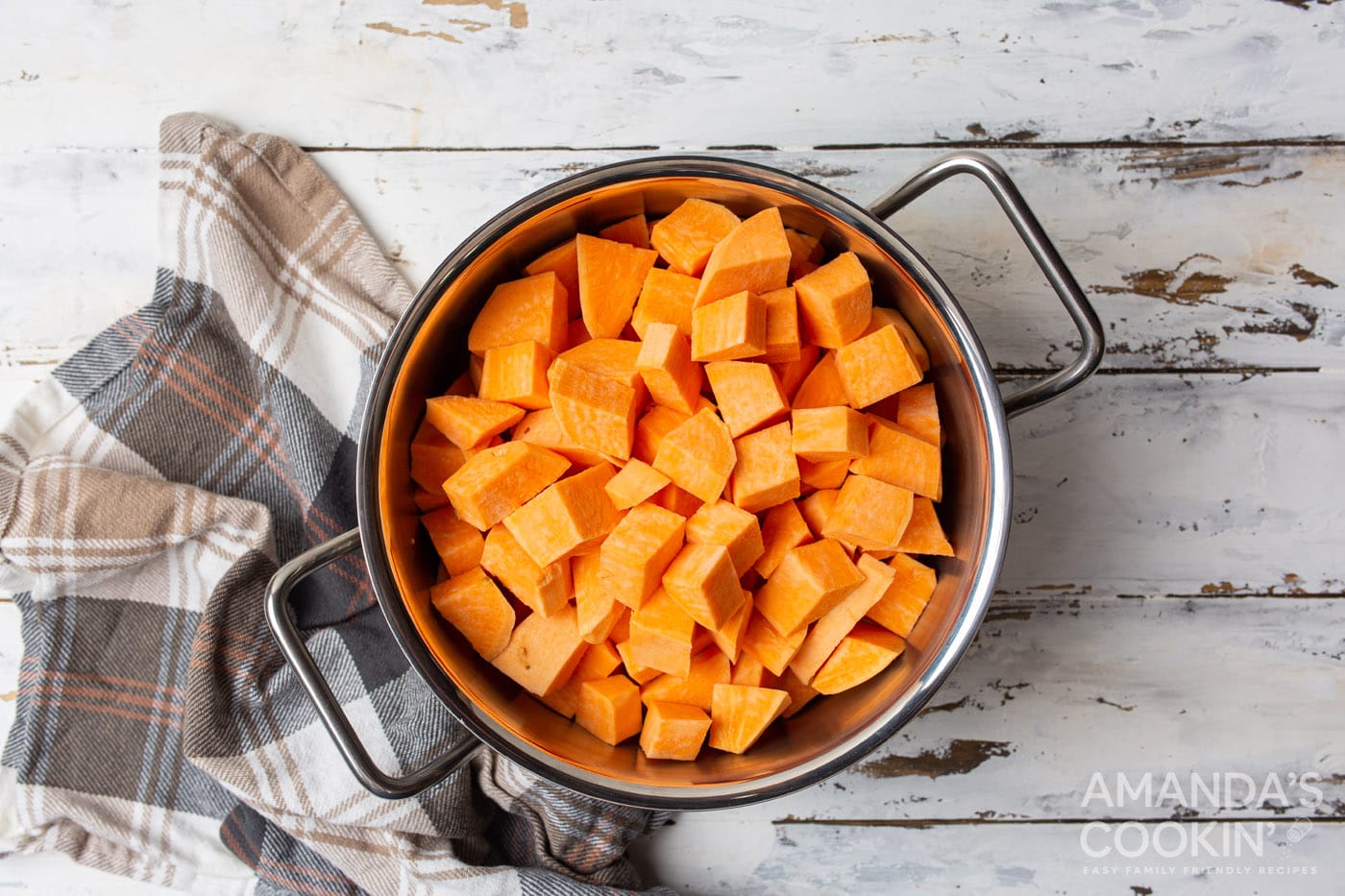 cubed sweet potatoes in a pot