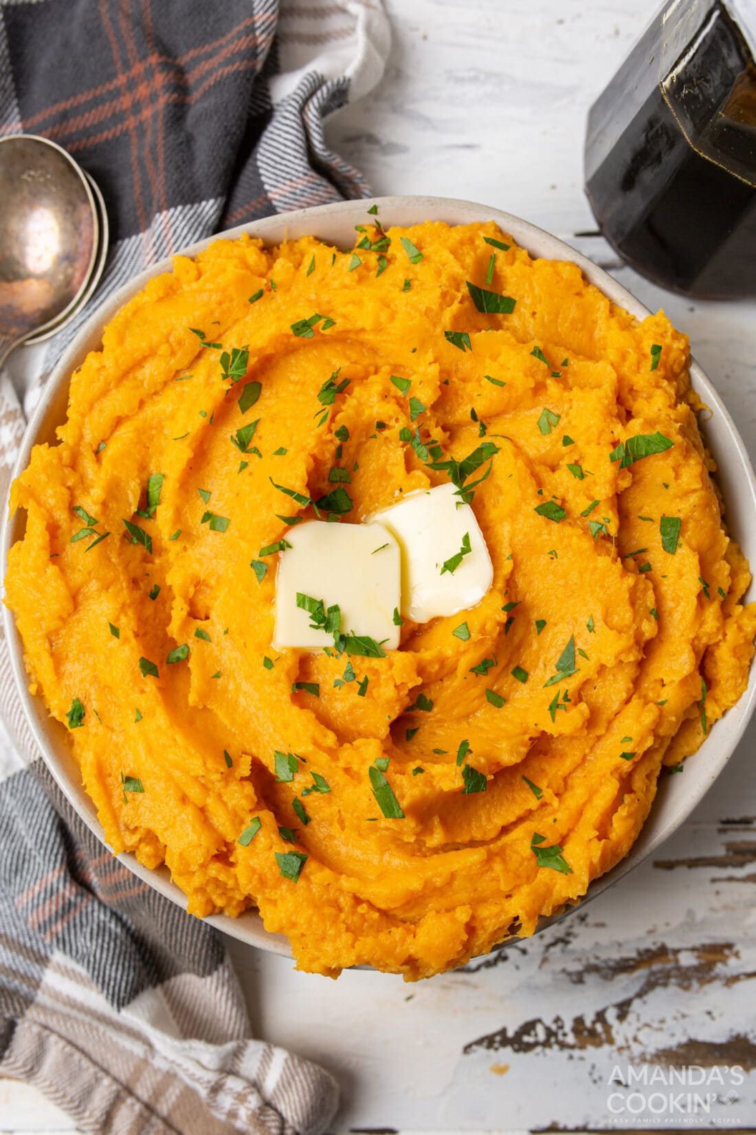 overhead view of a bowl of Mashed Sweet Potatoes