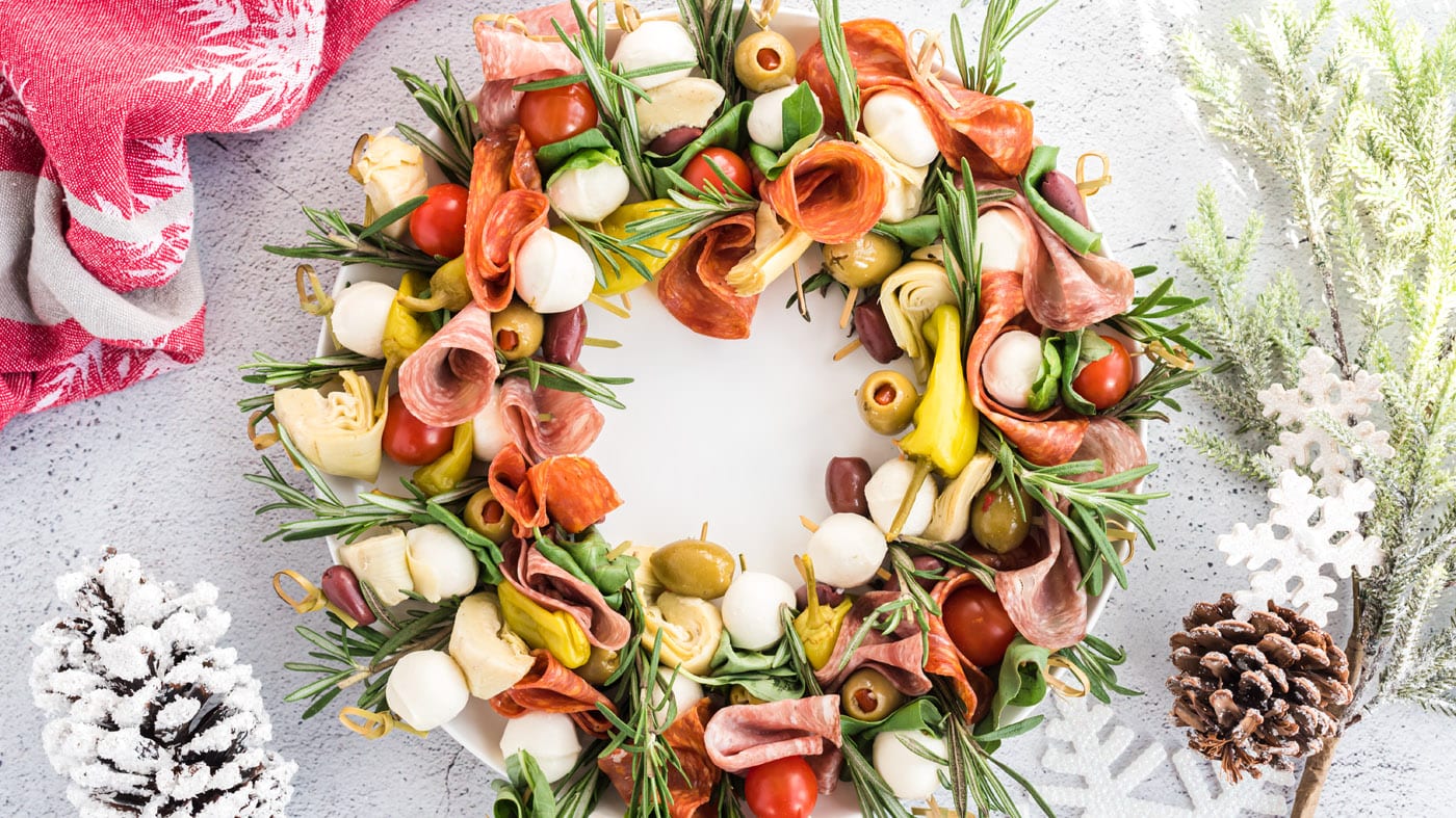 Dress up antipasto into a festive wreath for Christmas! Mix and match with lots of different options