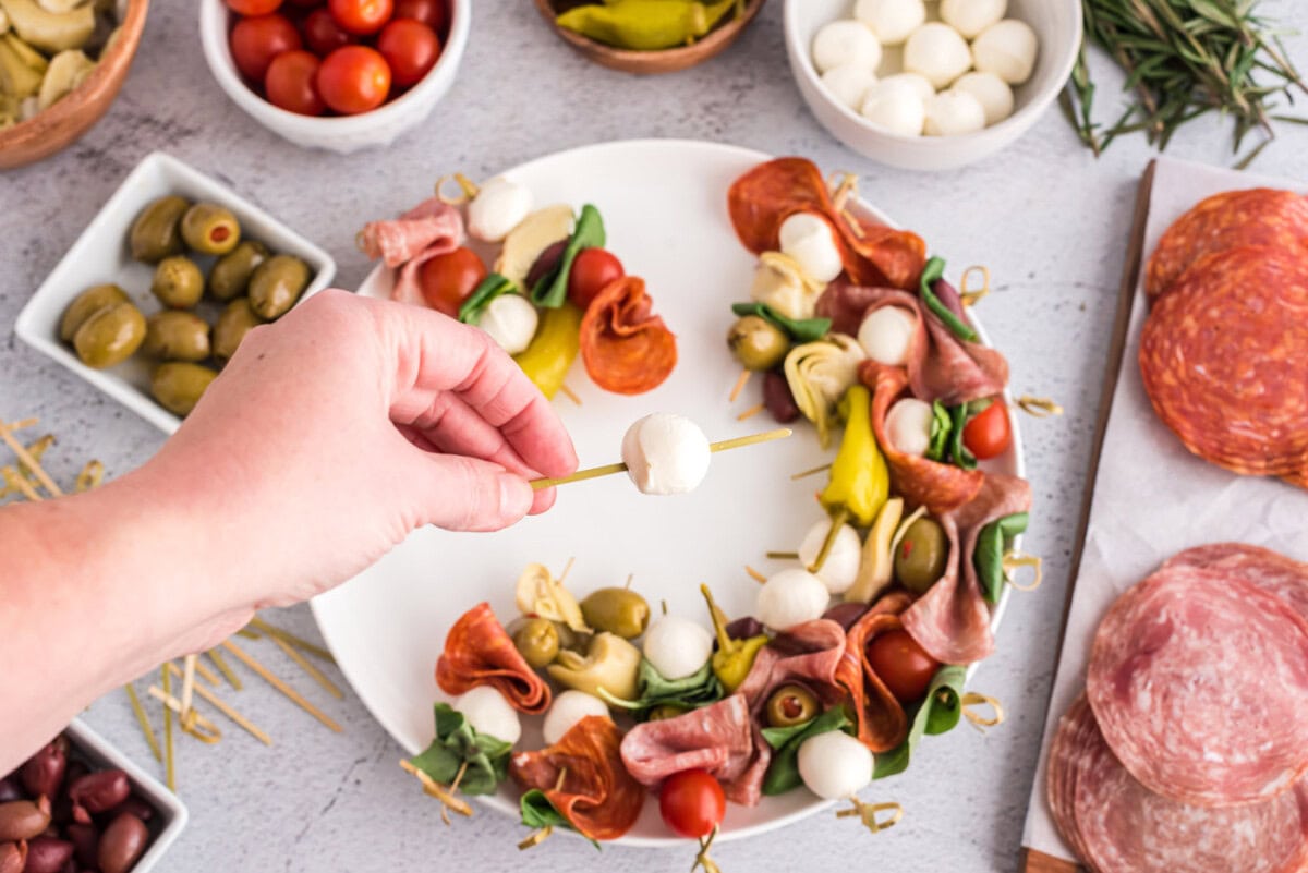 mozzarella pearl on a skewer