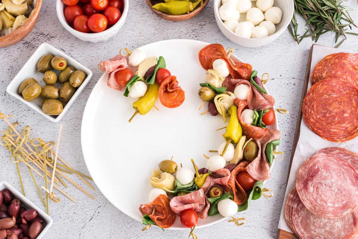 antipasto skewers on a plate