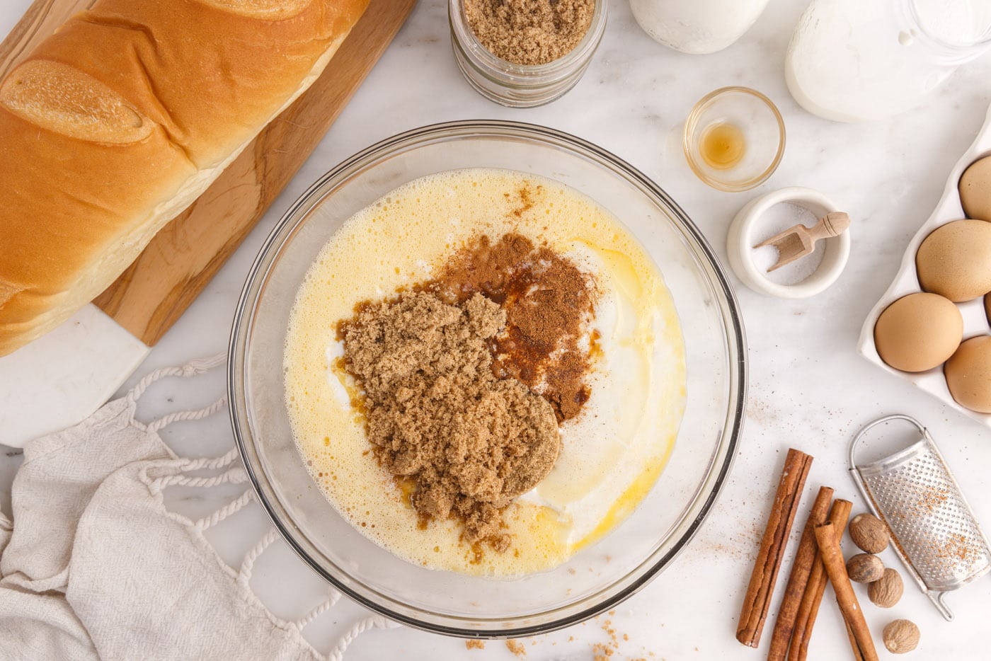 eggs, brown sugar, spices, and buttermilk in a mixing bowl