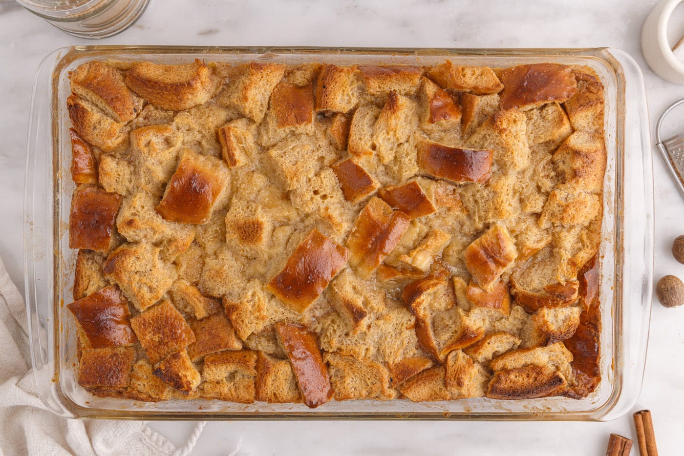 baked bread pudding in a casserole dish