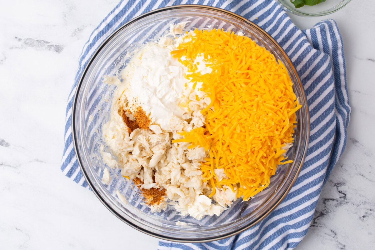 crab dip ingredients in a mixing bowl