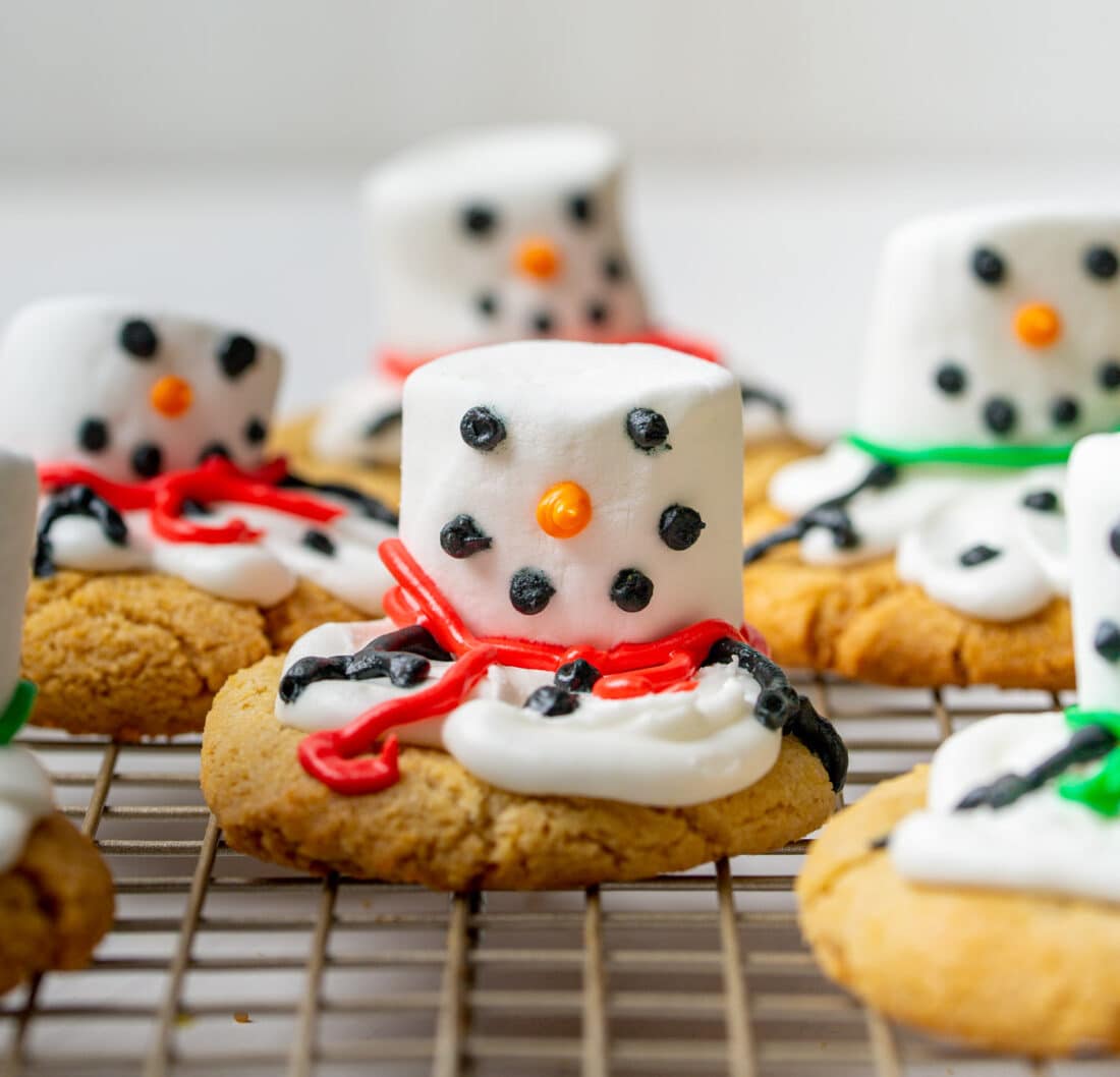 Melted Snowman Cookies on wire rack
