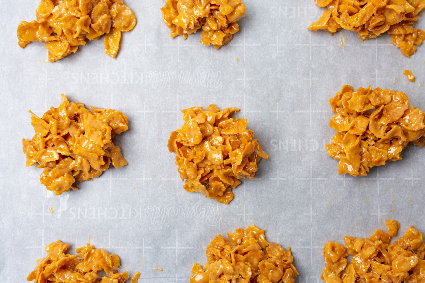 peanut butter cornflake cookies on baking sheet