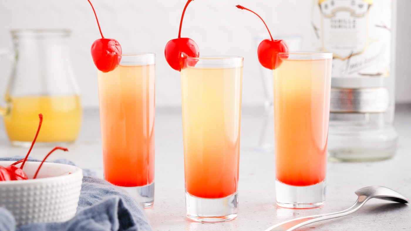Vodka, pineapple juice, and grenadine come together to make this fun and fruity dessert shooter that