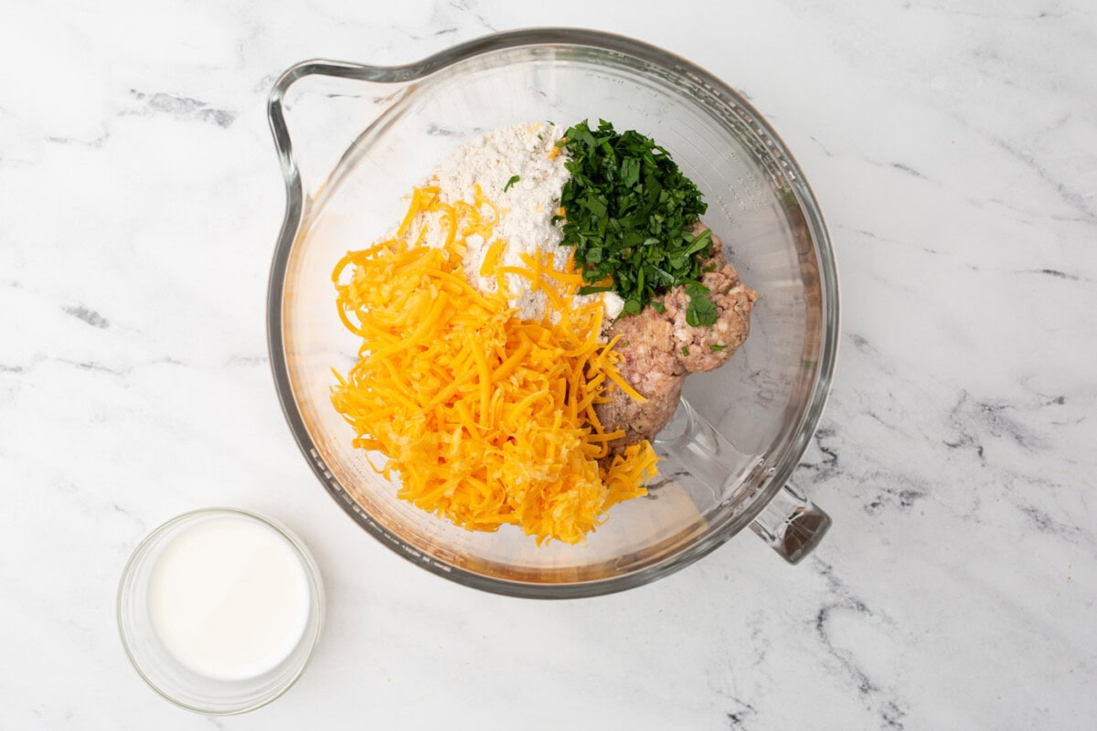 sausage ball ingredients in a mixing bowl