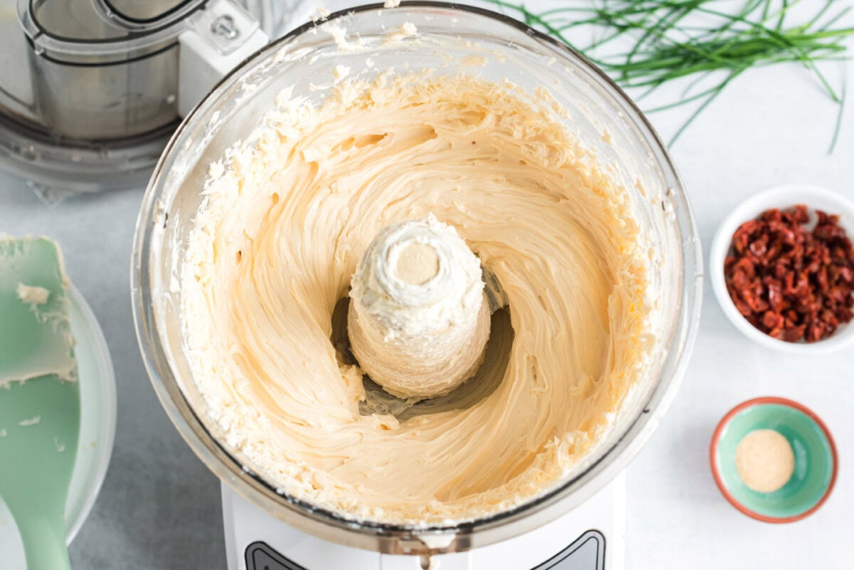 gouda and cream cheese in a food processor