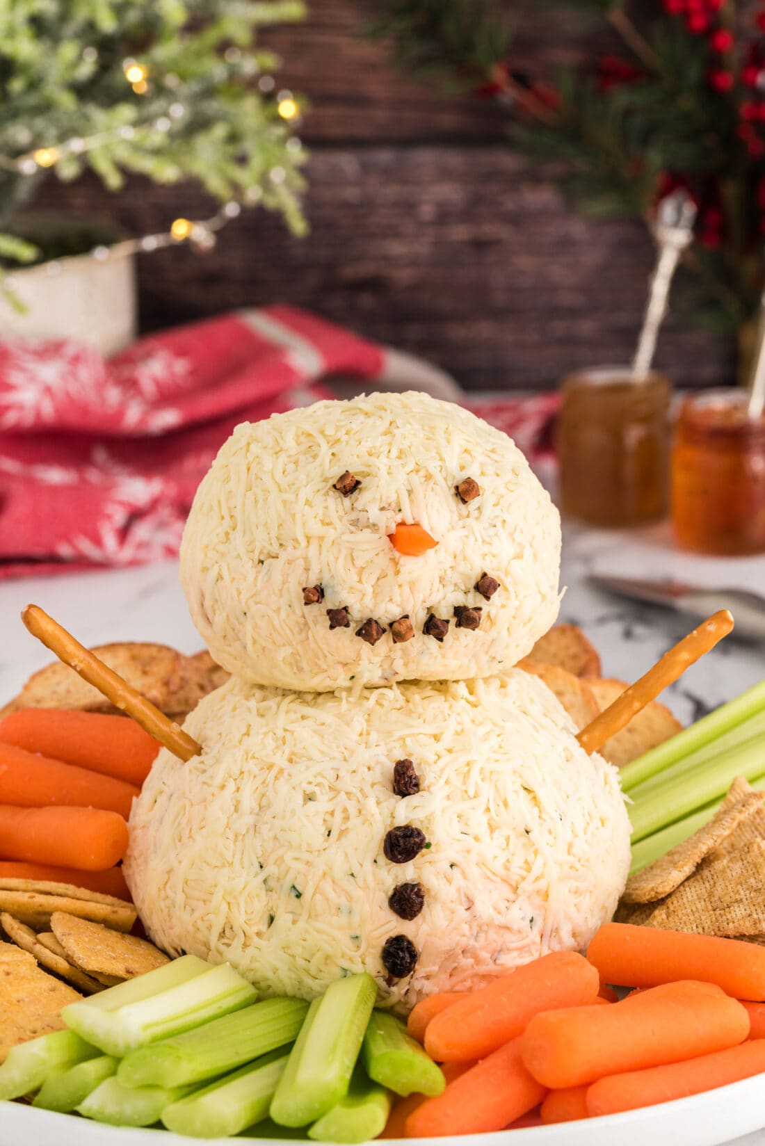 Snowman Cheeseball with veggies