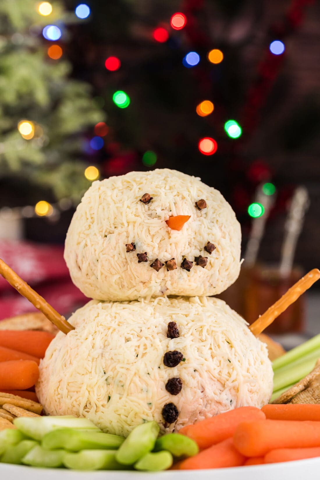 Snowman Cheeseball in Christmas setting