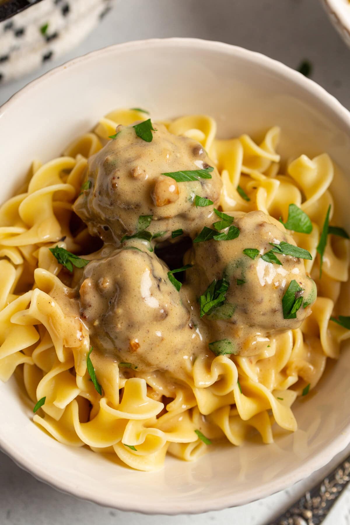 bowl of Swedish Meatballs on egg noodles