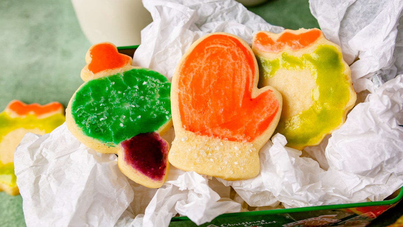 The idea behind these adorable paintbrush cookies is to cut them with holiday-themed cookie cutters 