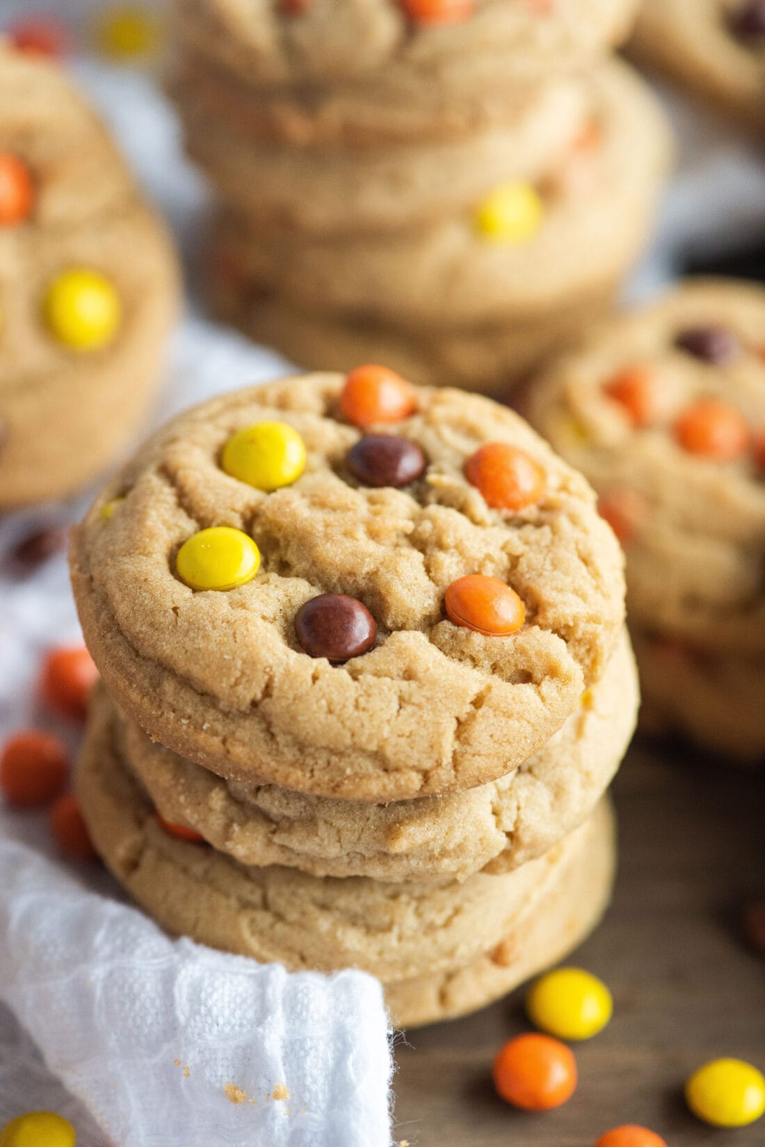 stacked Reeses Pieces Cookies